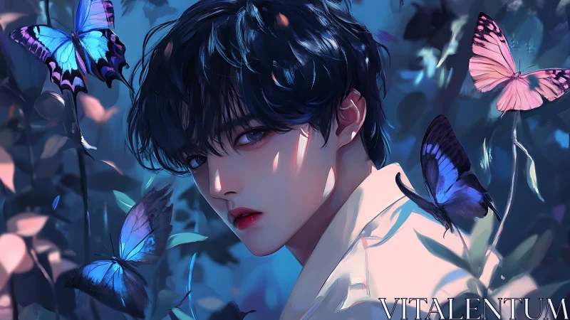 Moody anime boy surrounded by glowing blue butterflies.