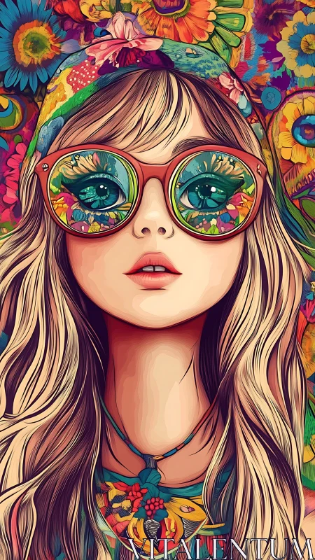 Girl in floral glasses and headscarf in vivid colors.