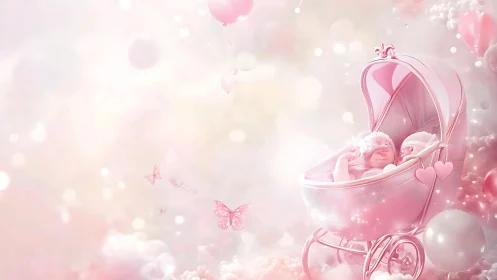 Pink Baby Carriage Suspended in Ethereal Cloudscape Environment