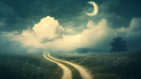 Moonlit country path curves through dreamy misty meadows.