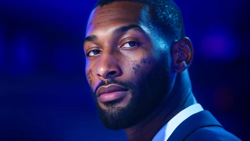 Cool blue portrait of confident man in cinematic neon glow.