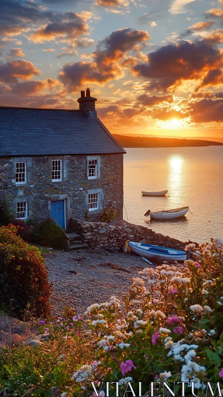 Stone cottage by tranquil bay under dramatic sunset light.