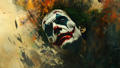 Clown portrait dissolves into chaotic abstract paint fragmentation
