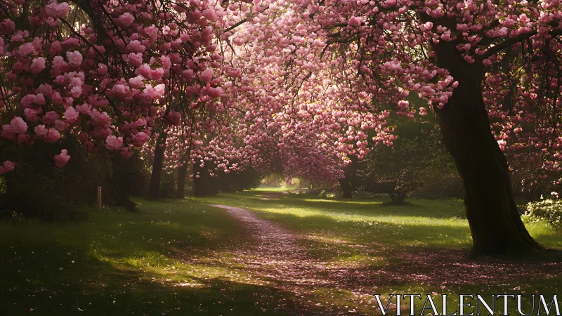 Blossom-laden trees whisper over a petal-dusted pathway