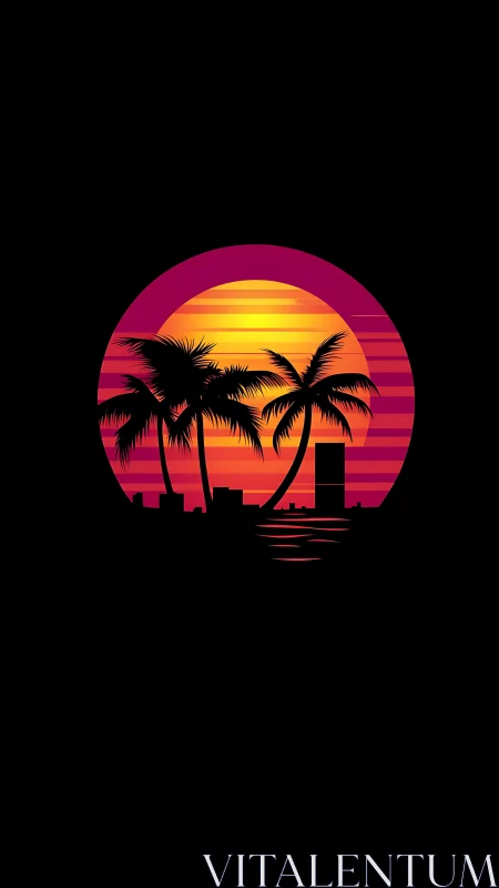 Vector sunset skyline with silhouetted palms and neon horizon.