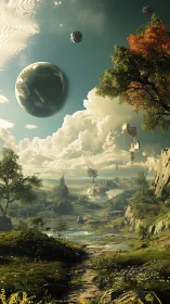 Planetary sky over hyper-detailed alien valley with volumetric clouds