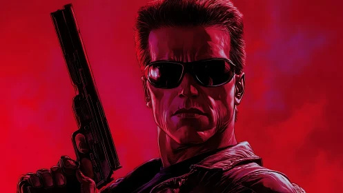 Cybernetic enforcer holds handgun against crimson backdrop