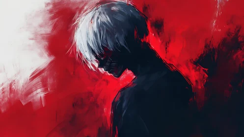 White-haired silhouette in red abstract painterly void.