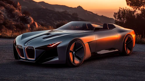 Low-slung metallic BMW concept roadster under warm sunset lighting