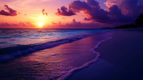 Gentle sunset waves washing a peaceful violet shoreline.