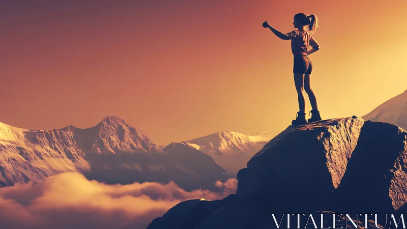Triumphant woman on mountain peak at sunrise, inspirational style.