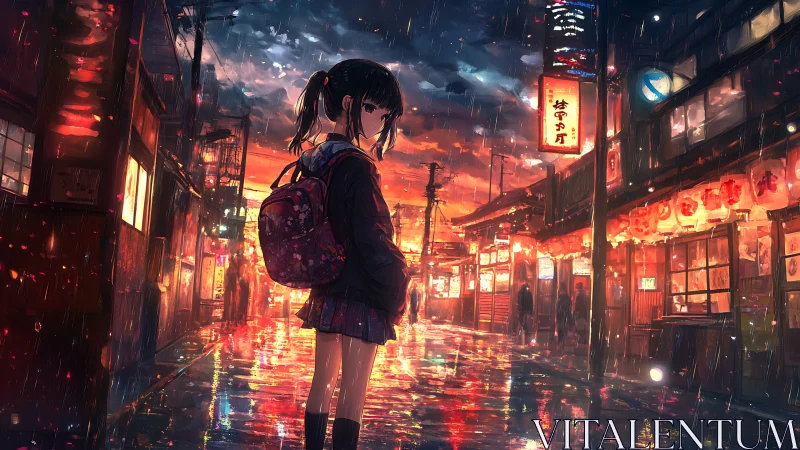 Quiet evening walk with a girl in a glowing rainy city street.
