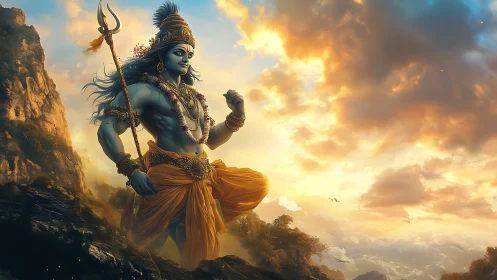 Divine blue warrior strides across a radiant mountain sky.