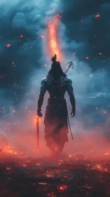 Fire-walking warrior beneath a storm of glowing embers.
