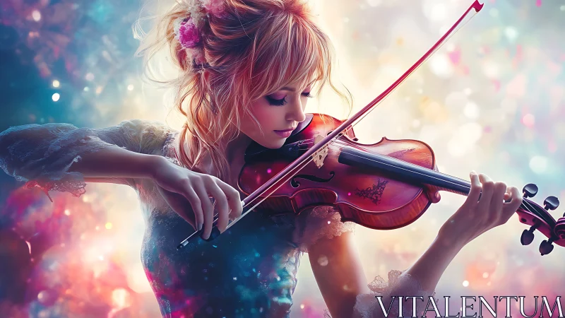 Violin daydream wrapped in pastel light and drifting color.