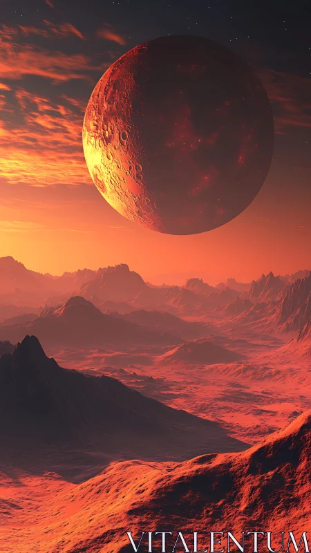 Crimson alien moon hangs above sunlit volcanic desert.