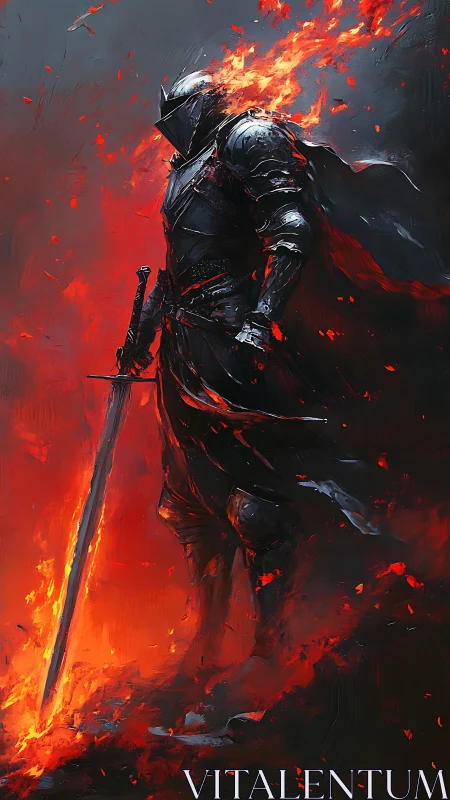 Flame-clad dark knight standing strong in glowing embers.