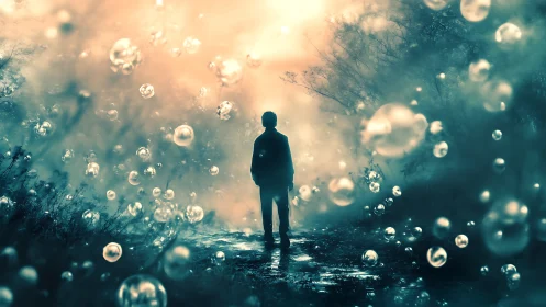 Silhouetted figure on path amid floating translucent spheres.