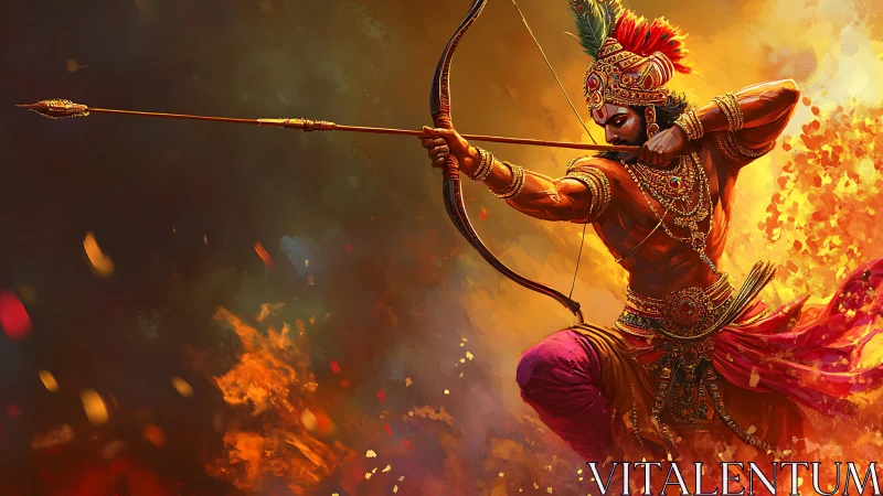 Mythic archer in dynamic flame-lit combat composition