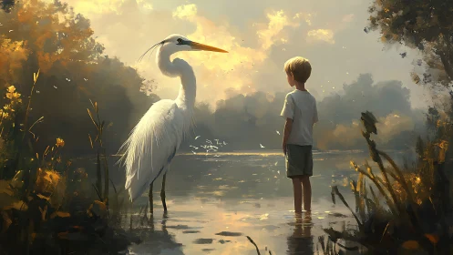 Sunlit river truce between quiet boy and watchful heron.