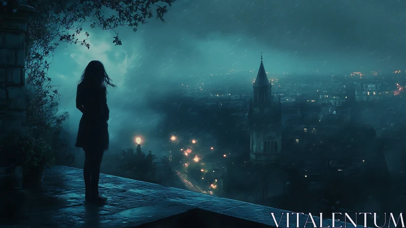 Solitary silhouette above rain-soaked, misty night cityscape.