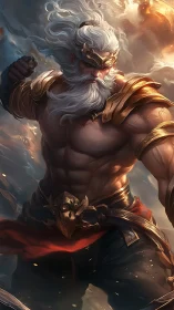 Mythic storm warlord in golden armor, dynamic sky backdrop.