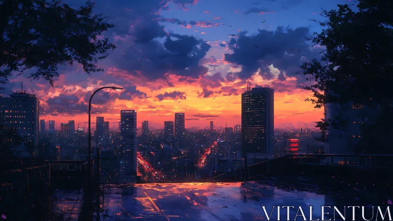 Twilight city boulevard burns beneath storm-kissed clouds.