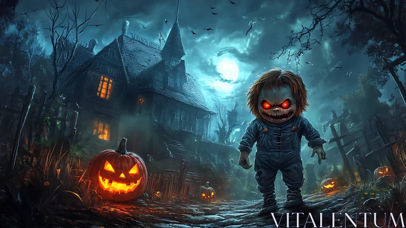 Sinister doll under blood moon beside haunted mansion path.