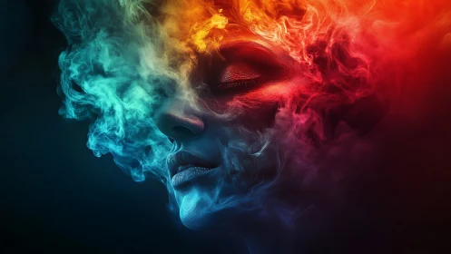Digital painting portrait in dual-color atmospheric smoke field.