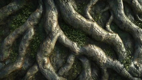 Intertwined tree roots with moss and ground vegetation detail.