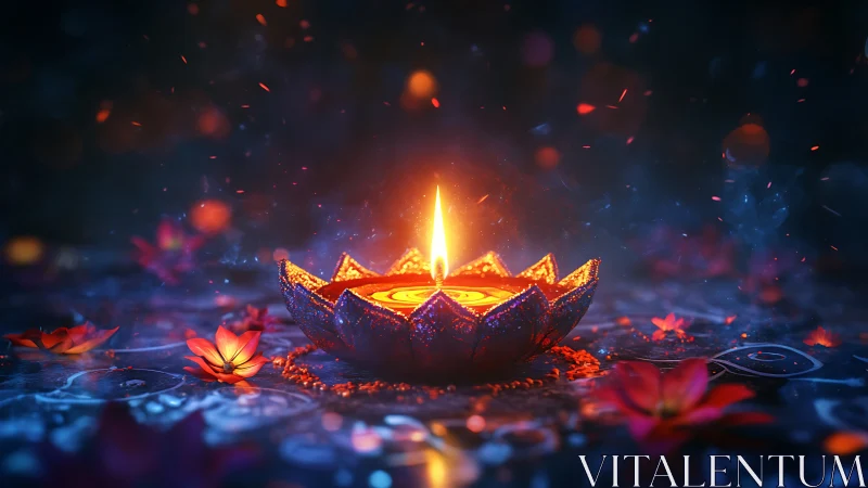 Diya candle glows within lotus holder amid festive petals.
