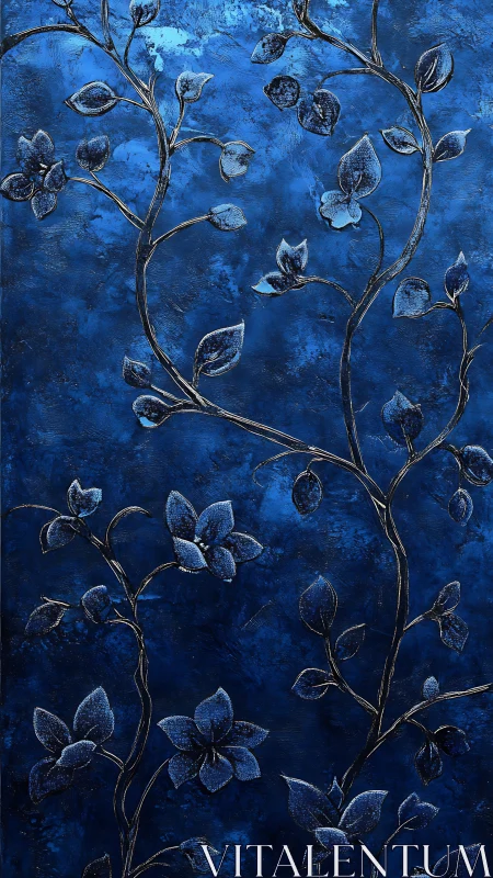 Midnight blue floral vines curl gently across textured sky