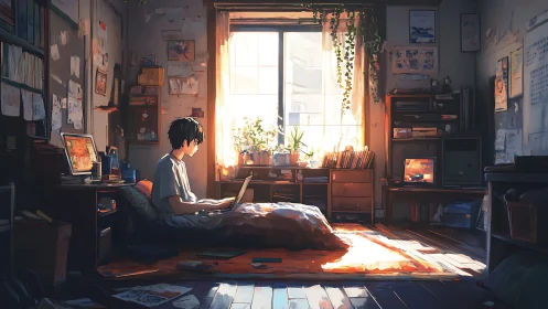 Sunlit coder drifts through a quiet bedroom digital daydream.