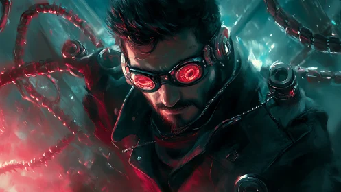 Cybernetic operative with red optics directs autonomous tentacles