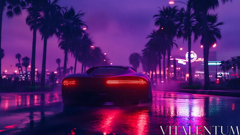 Neon-soaked supercar trajectory in rain-lacquered boulevard.