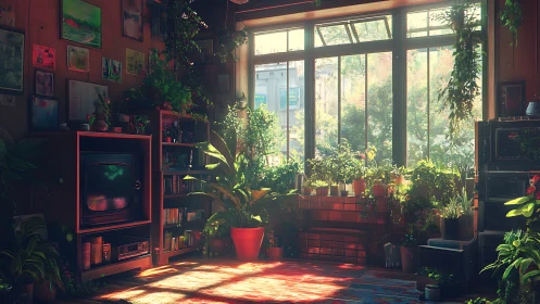 Sunlit urban conservatory with retro television nook interior.