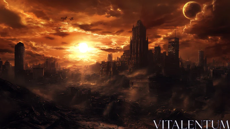Sunlit ruined cityscape extends under dense orange clouds