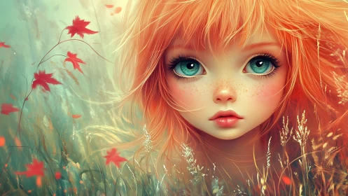 Freckled autumn sprite with teal eyes in glowing meadow.