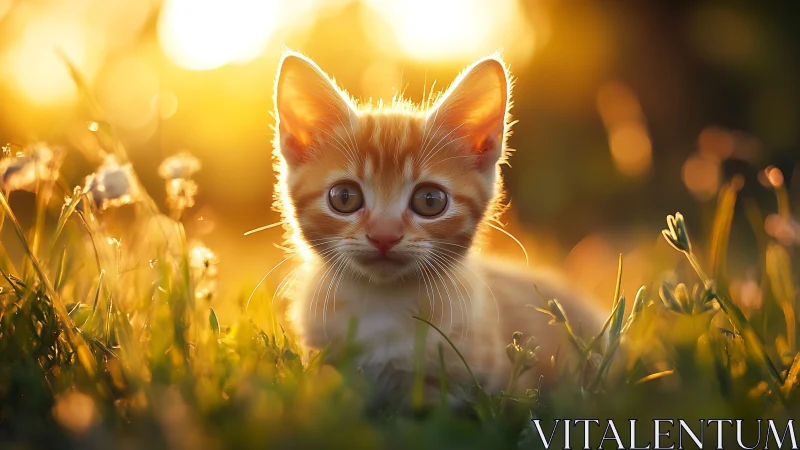 Ginger Kitten in Golden Hour Grass Field.