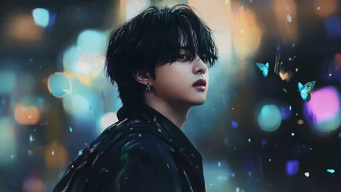 Nocturnal portrait merges neon bokeh with ethereal butterflies