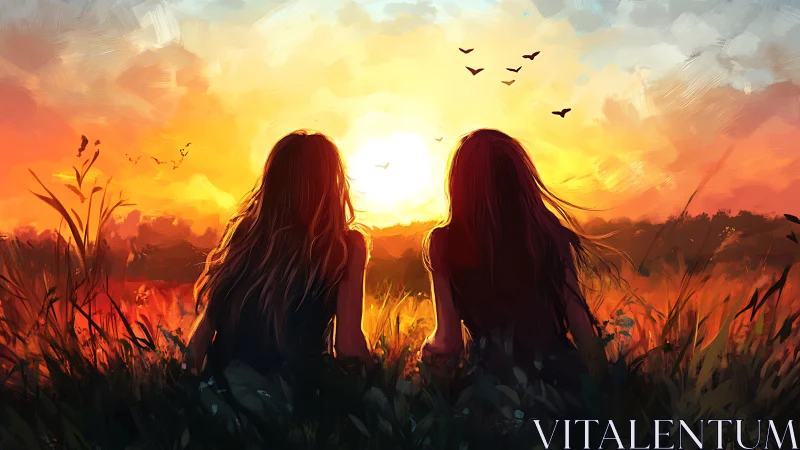Sunset silhouettes of two friends in glowing wild meadow.
