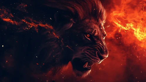 Roaring lion&rsquo;s fiery profile ignites a dark infernal void