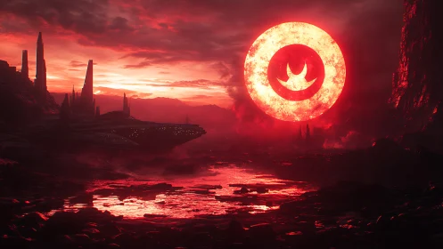 Crimson eclipse ignites an alien canyon of molten silence.