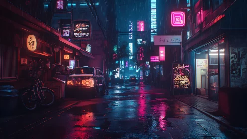 Neon alleyway in rain-soaked futuristic city street scene.