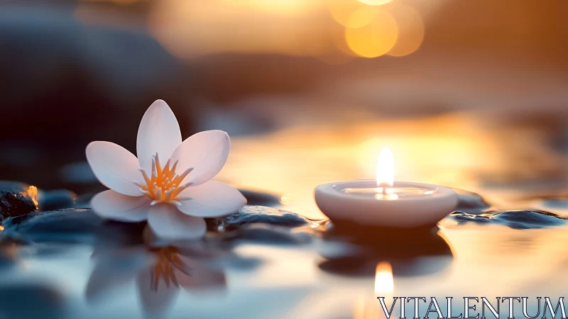 Floating white blossom and tealight candle in sunset bokeh