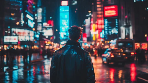 Backlit male figure surveys neon city street in nocturnal rain