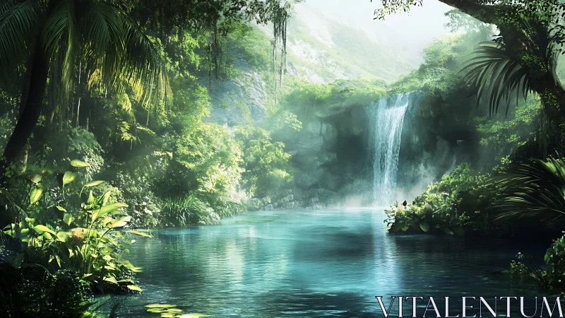 Tropical waterfall pool rendered in high-detail digital painting