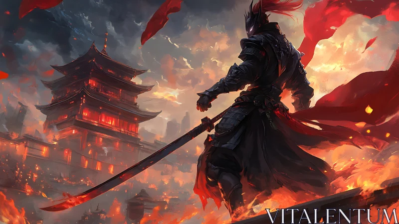 Armored warrior with sword facing burning pagoda at dusk.