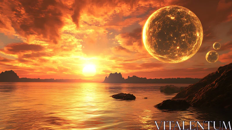 Alien sunset seascape with glowing planetary spheres.