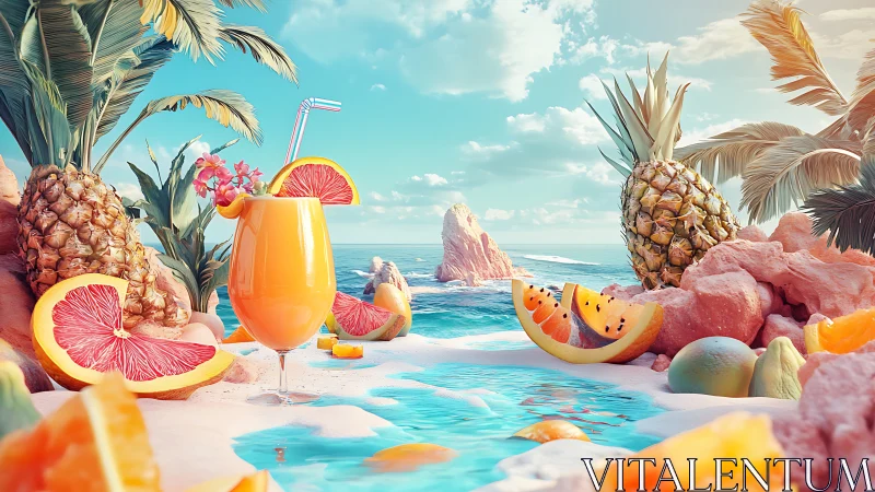 Sunlit tropical cocktail oasis framed by vivid citrus seascape.